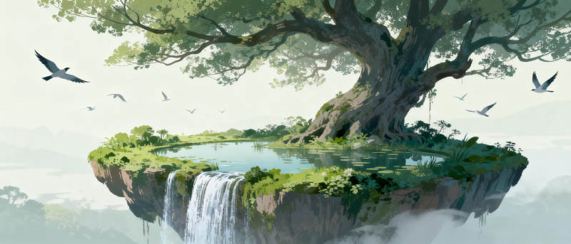 浮岛古树瀑布图片