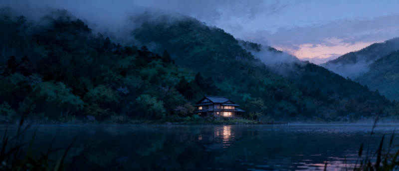 湖畔夜宿山居图片