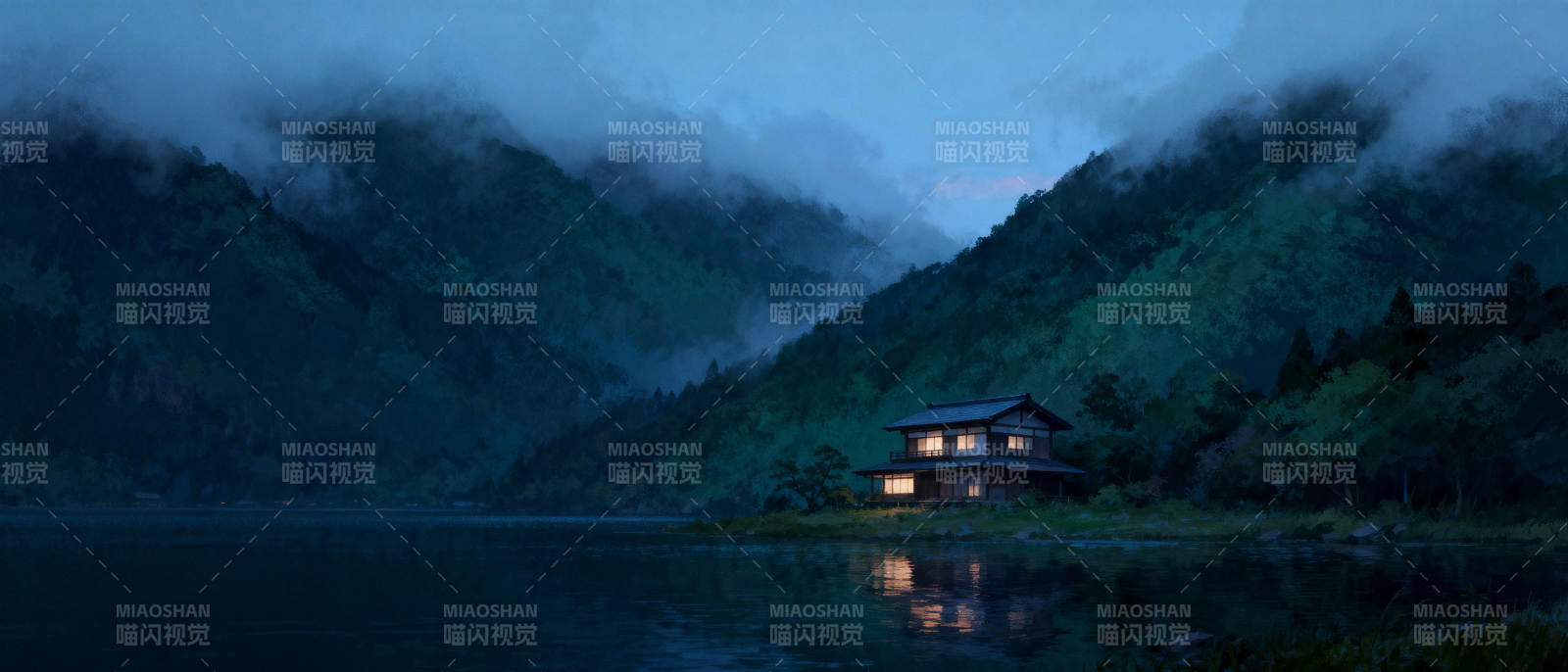 湖畔夜宿山居图片