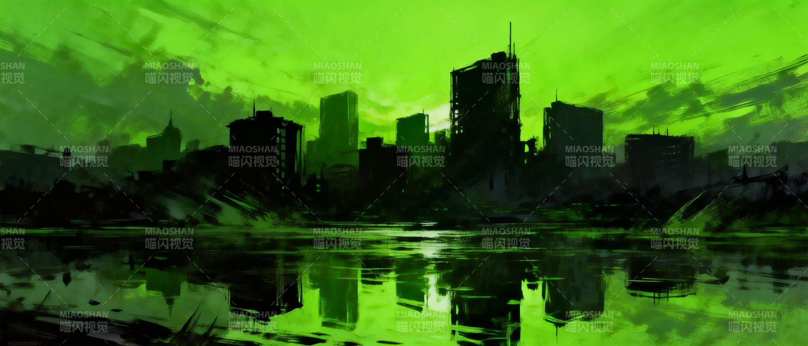 绿夜都市倒影图片