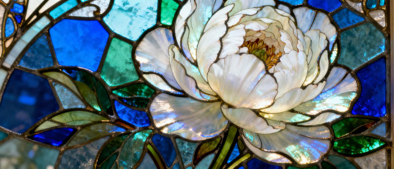 彩绘玻璃上的白花图片