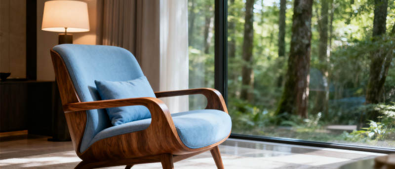 静谧森林中的蓝色沙发椅图片