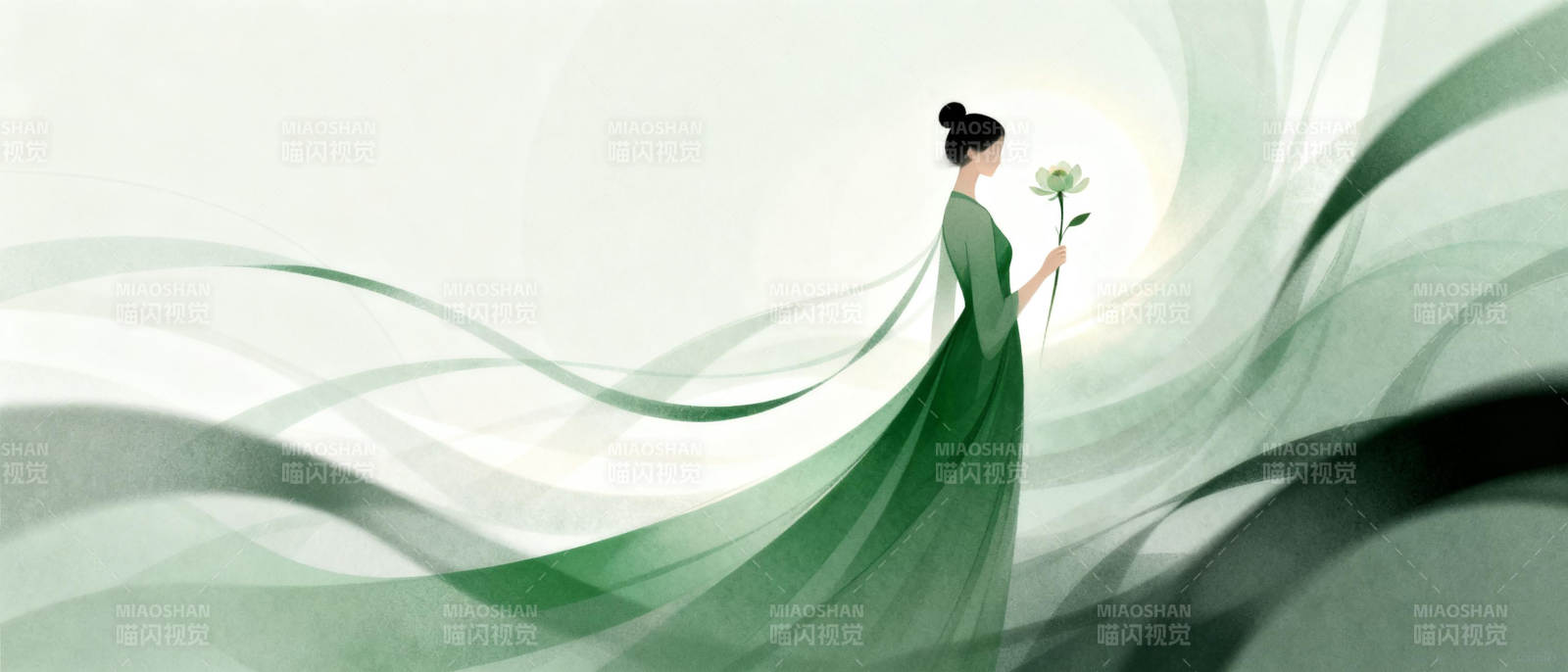 绿衣女子持花行图片