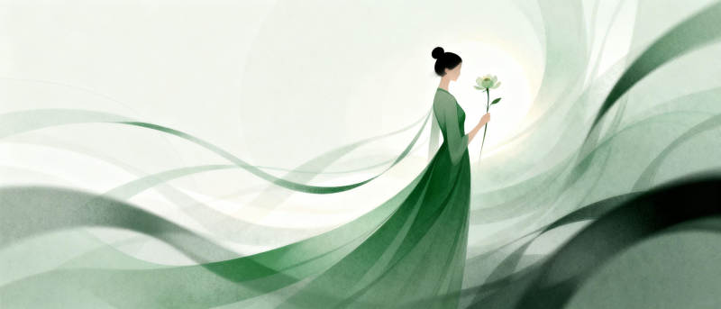 绿衣女子持花行图片