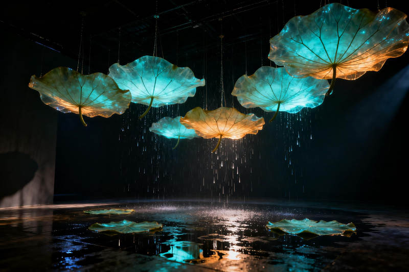 莲叶光影水幕图片