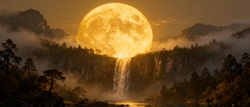 月照瀑布山林图片