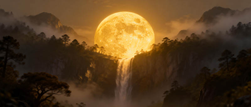 月照山林瀑布图片