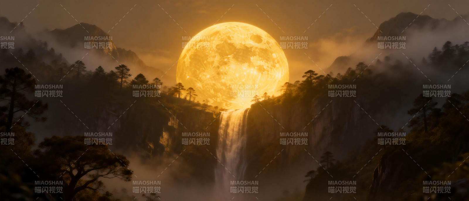 月照山林瀑布图片