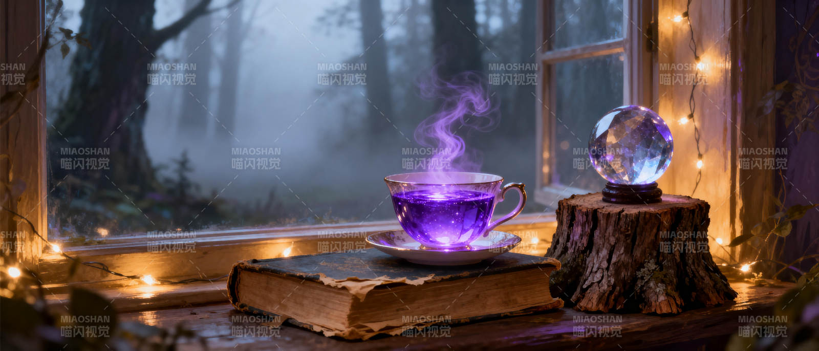 窗边紫茶与古书图片