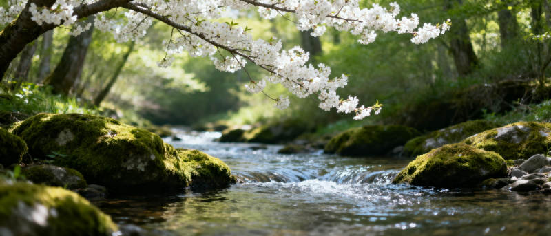 樱花溪流春景图片
