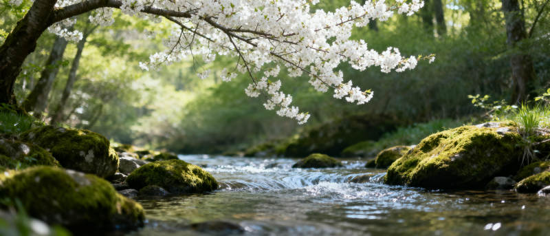 樱花溪流春景图片