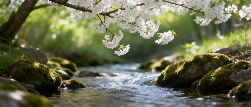 溪畔樱花绽放图片