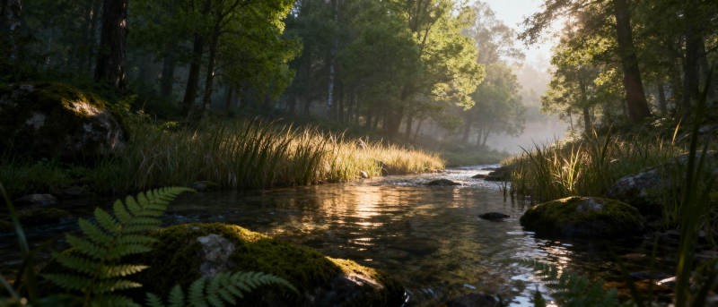 林间溪流晨光图片