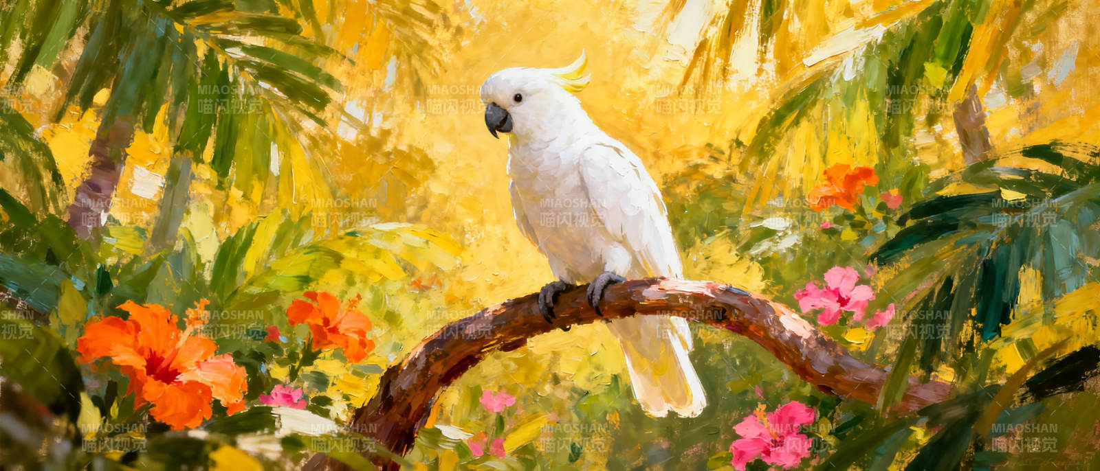 白鹦鹉栖枝花丛中图片