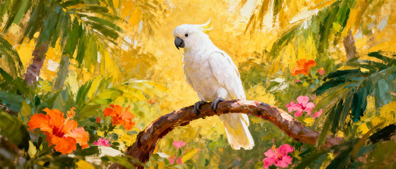 白鹦鹉栖枝花丛中图片