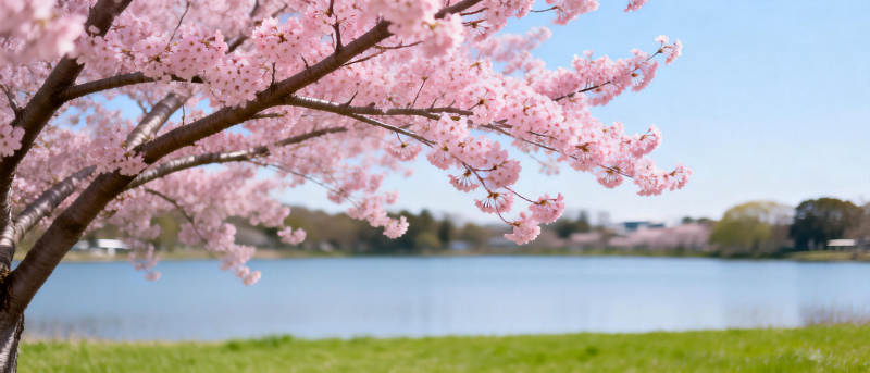 樱花盛开湖畔图片