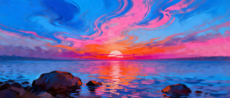 梦幻湖畔日落图片