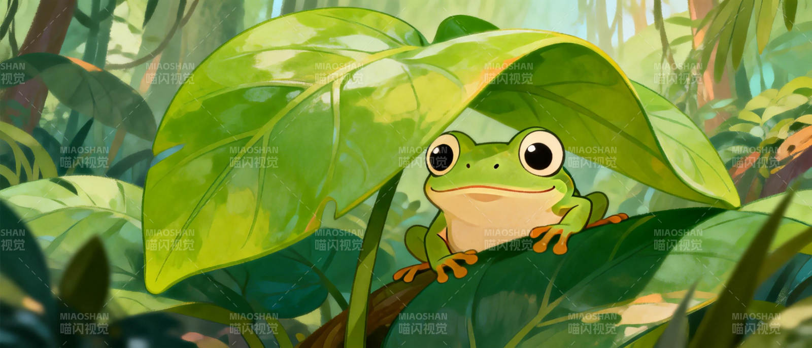 绿蛙叶下栖息图片