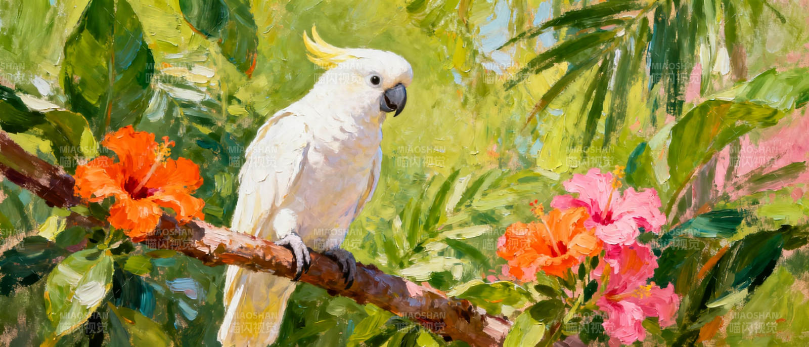 白鹦鹉栖枝花丛图片