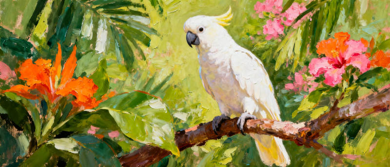 白鹦鹉栖枝花丛中图片