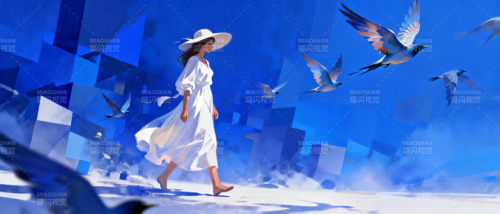 白衣女子与飞鸟图片