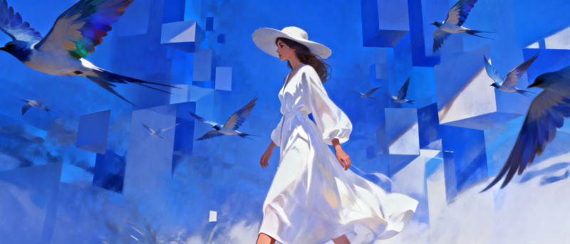 白裙女子与飞鸟图片