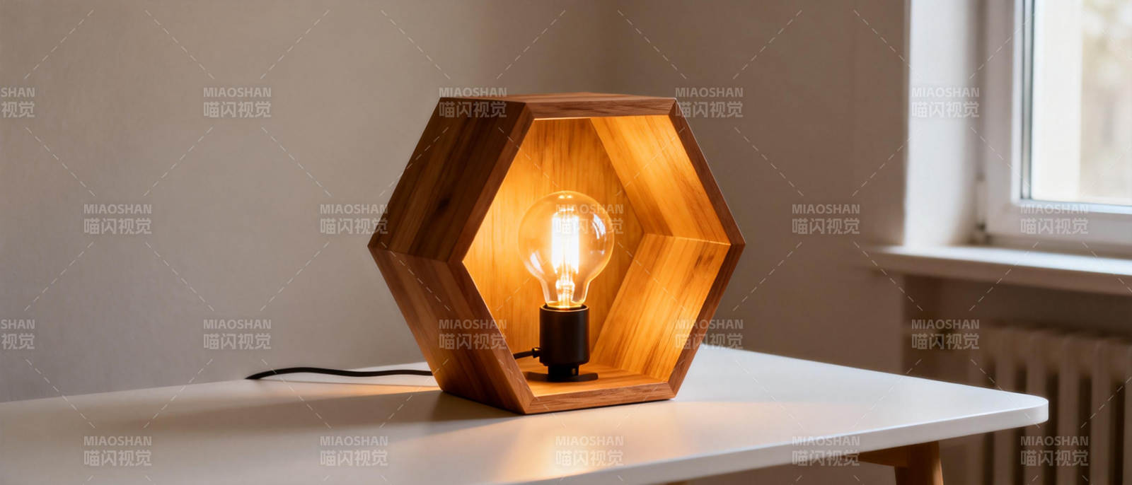 六边形木灯温暖光图片