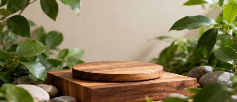 木盘静置于绿植间图片