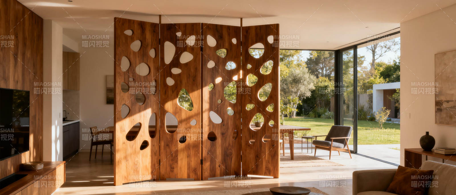 木艺屏风隔断客厅图片