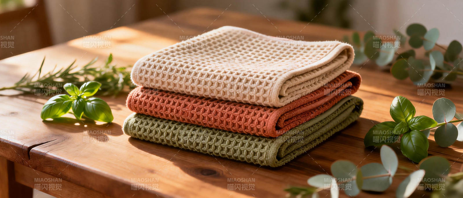 三色编织餐巾叠放图片