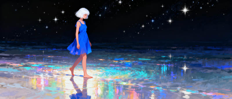 星夜蓝裙少女图片