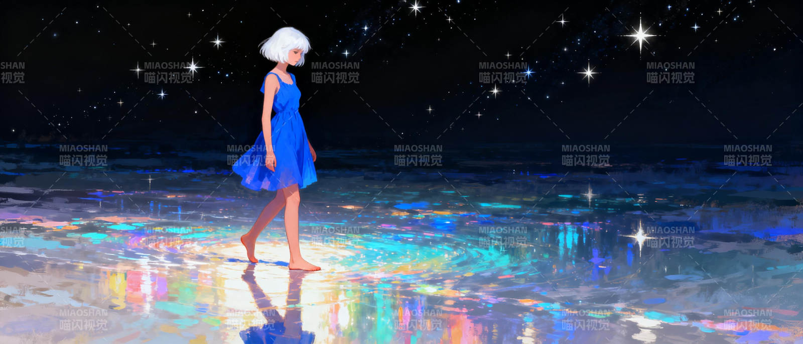 星夜蓝裙少女图片