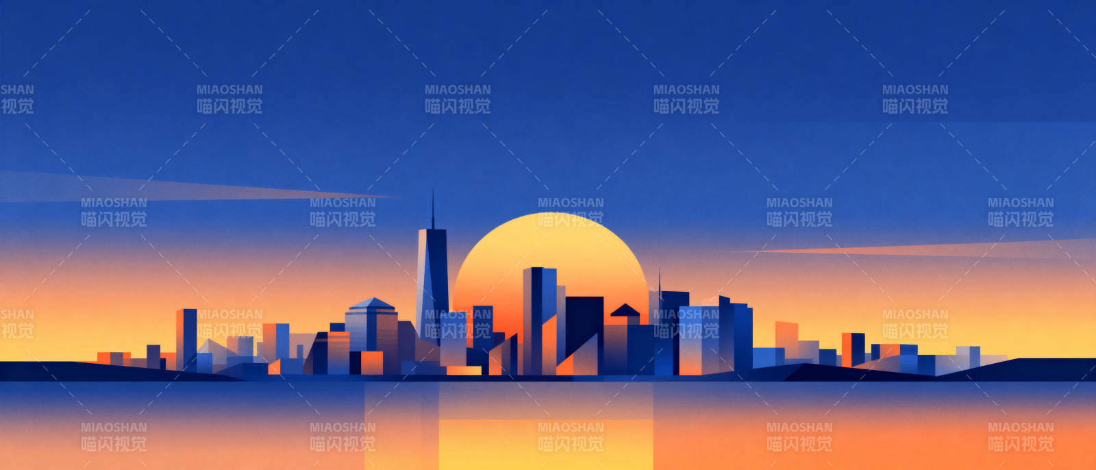 城市日落倒影图片