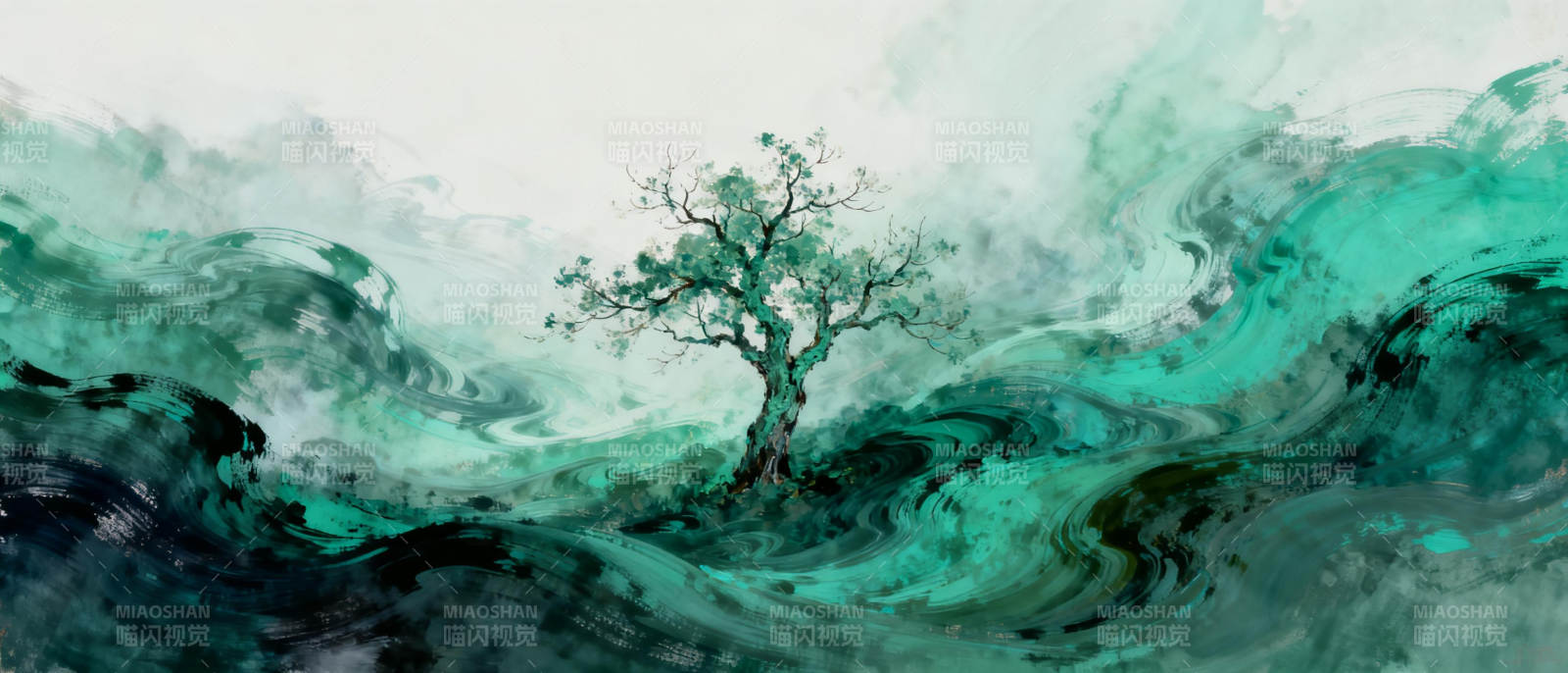 孤树碧波图图片