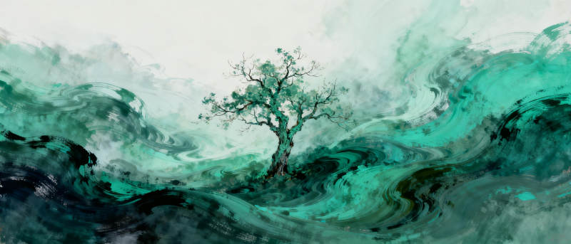 孤树碧波图图片