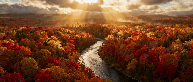 秋林溪流晨光图片