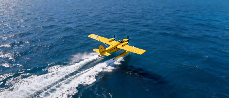 黄飞机掠海面图片