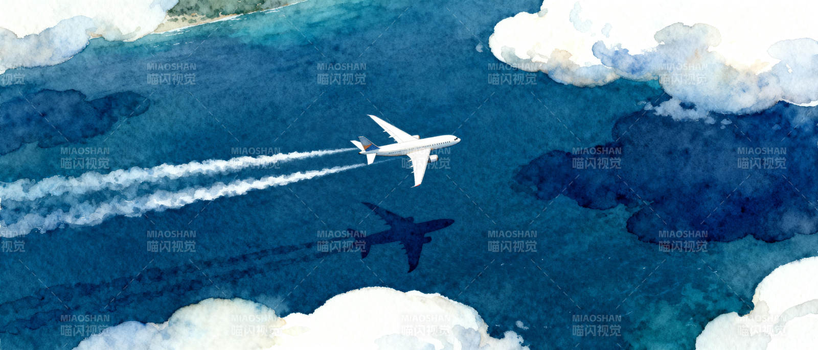 蓝天白云间飞行的飞机图片