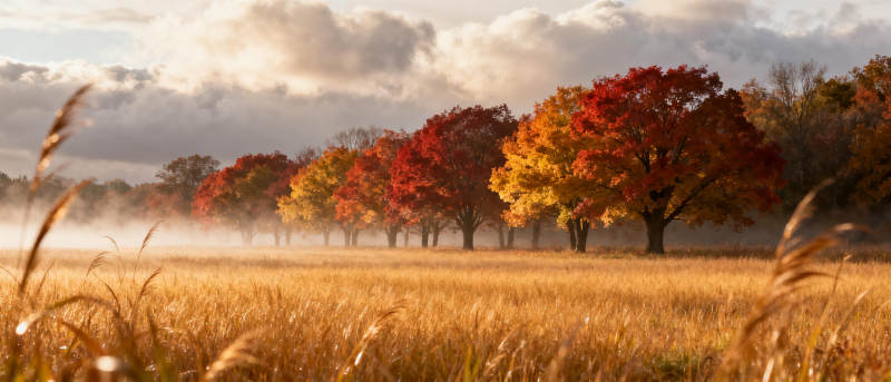 秋日晨雾林景图片