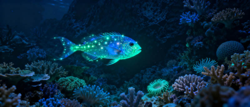 荧光鱼游珊瑚丛图片