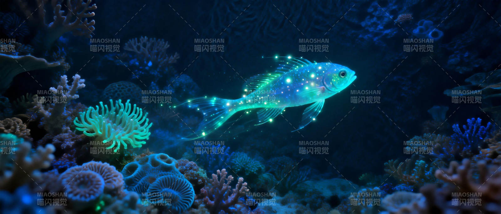 荧光鱼游珊瑚间图片