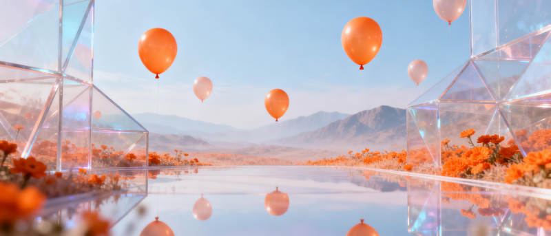 橙气球飘浮湖面图片