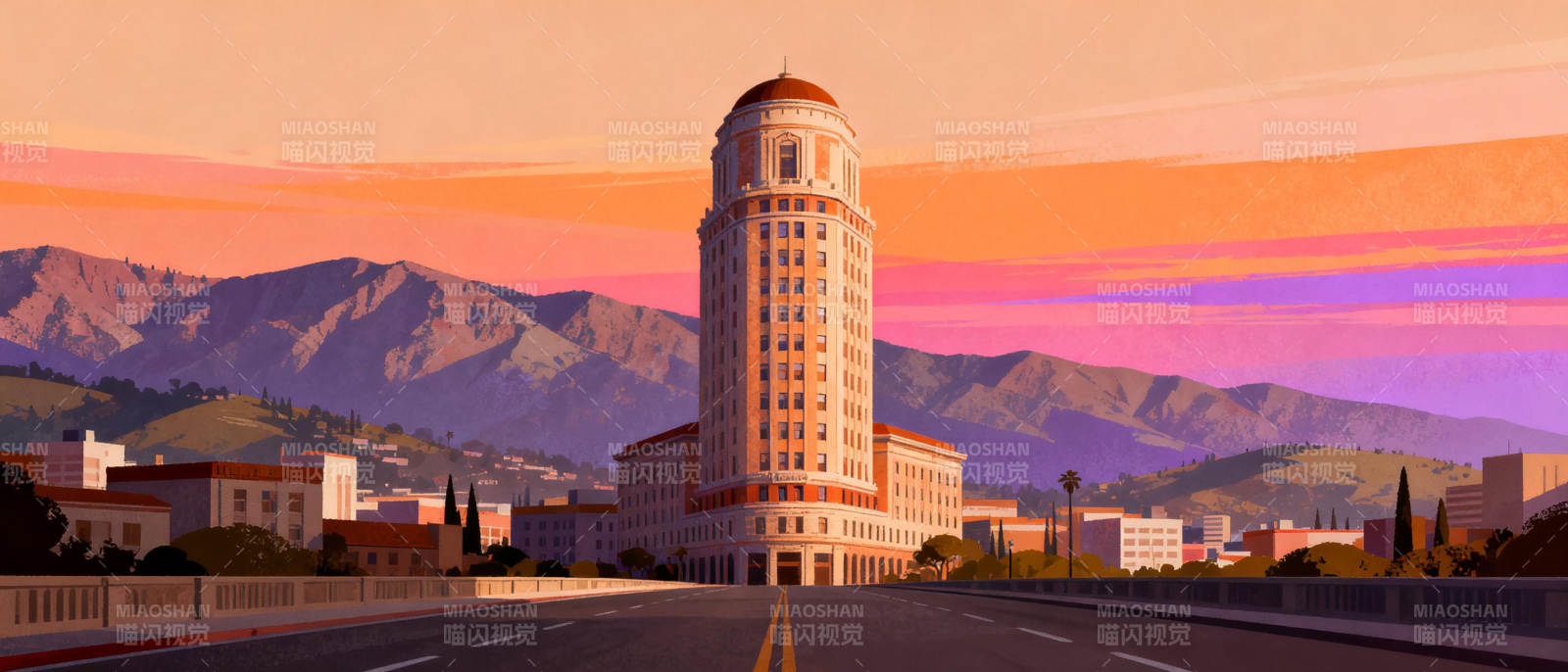 塔楼映霞光图片