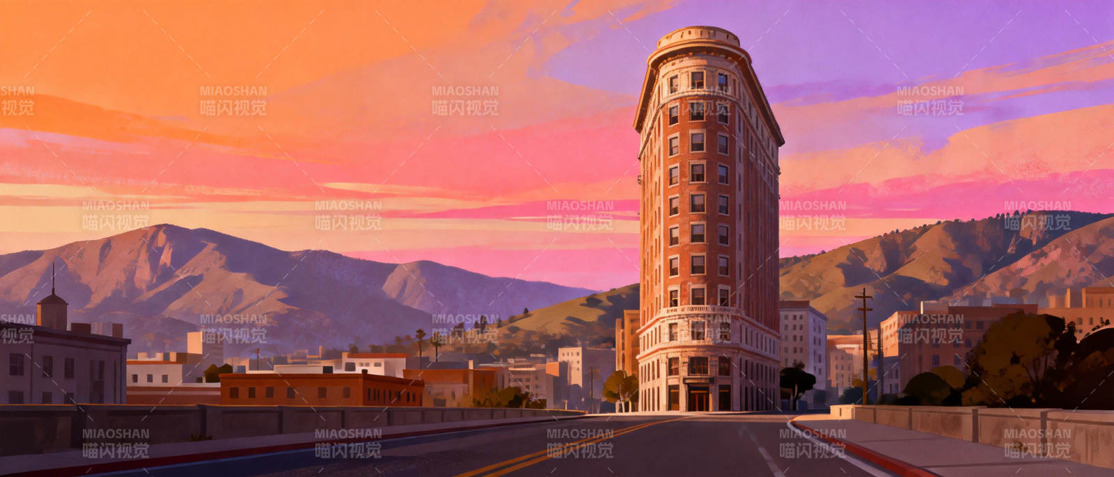 夕阳下的城市塔楼图片