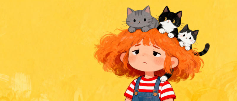 红发女孩与三只猫图片