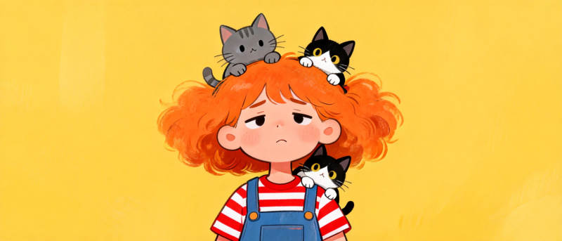 红发女孩与三只猫图片