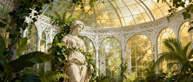 温室中的雕像与绿植图片
