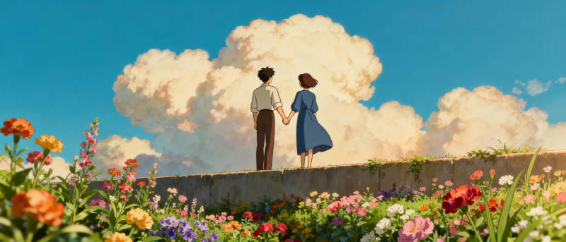 花海中的牵手图片