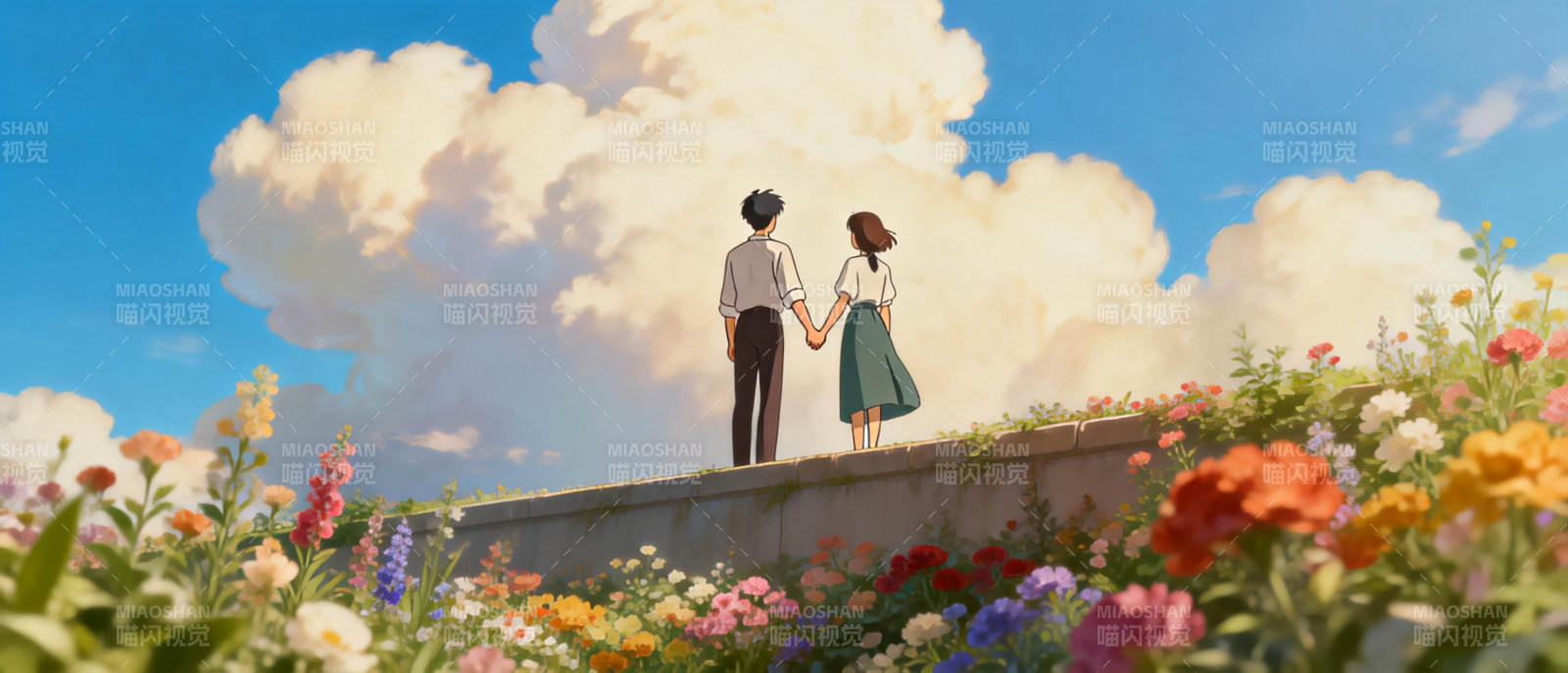 花海中的牵手图片