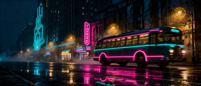 霓虹夜街巴士行图片